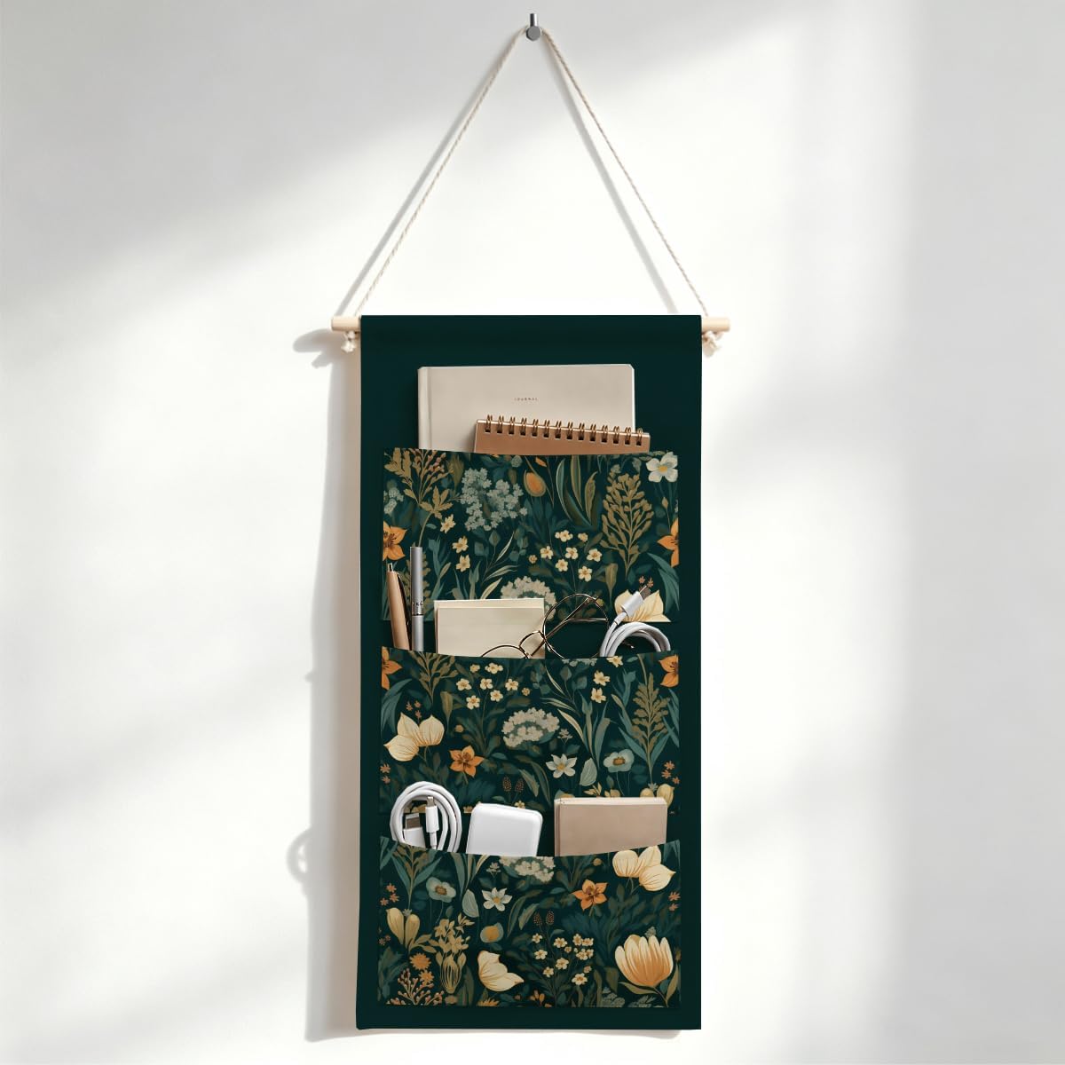 Canvas Wall Hanging Organizer with Pockets Fish Extender Hanging Pouch Dark Floral Door Closet Organizers Fabric Storage Pockets Wall Decoration