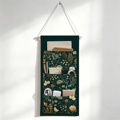 Canvas Wall Hanging Organizer with Pockets Fish Extender Hanging Pouch Dark Floral Door Closet Organizers Fabric Storage Pockets Wall Decoration