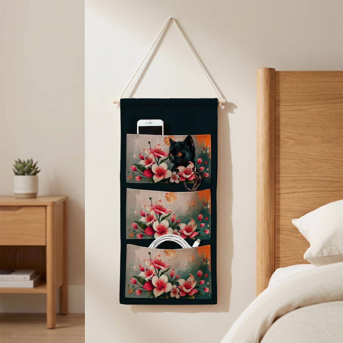 Canvas Wall Hanging Organizer with Pockets Fish Extender Hanging Pouch Dark Floral Door Closet Organizers Fabric Storage Pockets Wall Decoration