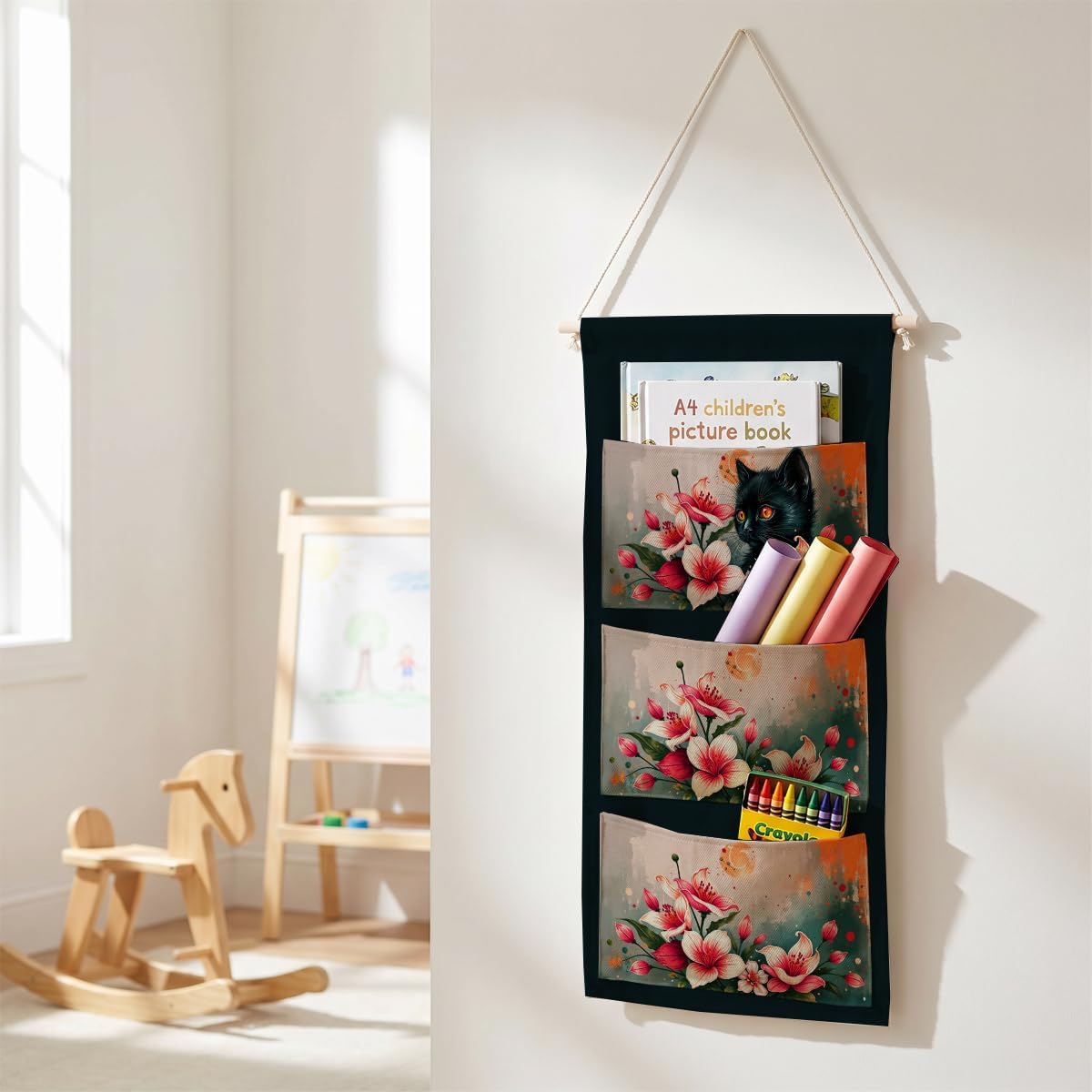 Canvas Wall Hanging Organizer with Pockets Fish Extender Hanging Pouch Dark Floral Door Closet Organizers Fabric Storage Pockets Wall Decoration