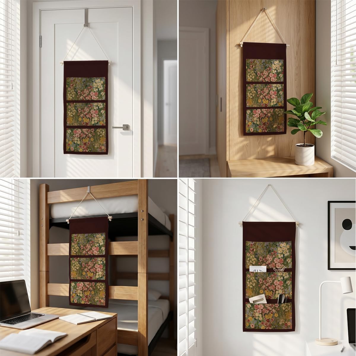 Canvas Wall Hanging Organizer with Pockets Fish Extender Hanging Pouch Dark Floral Door Closet Organizers Fabric Storage Pockets Wall Decoration