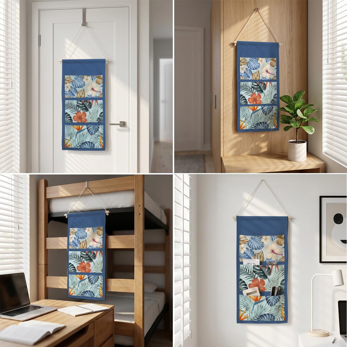 Canvas Wall Hanging Organizer with Pockets Fish Extender Hanging Pouch Dark Floral Door Closet Organizers Fabric Storage Pockets Wall Decoration