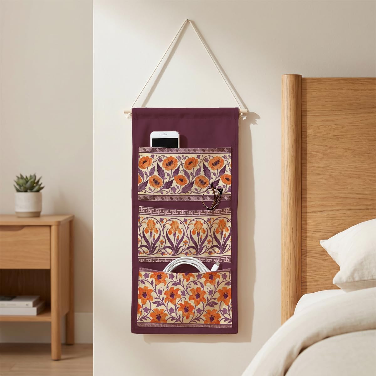 Canvas Wall Hanging Organizer with Pockets Fish Extender Hanging Pouch Dark Floral Door Closet Organizers Fabric Storage Pockets Wall Decoration