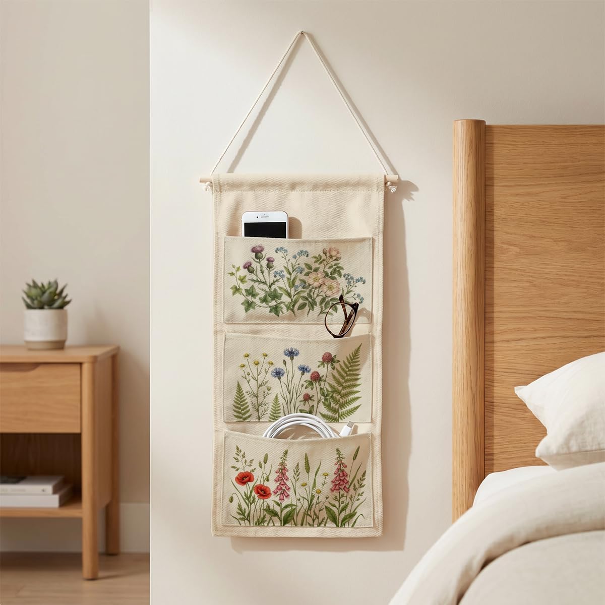 Canvas Wall Hanging Organizer with Pockets Fish Extender Hanging Pouch Dark Floral Door Closet Organizers Fabric Storage Pockets Wall Decoration