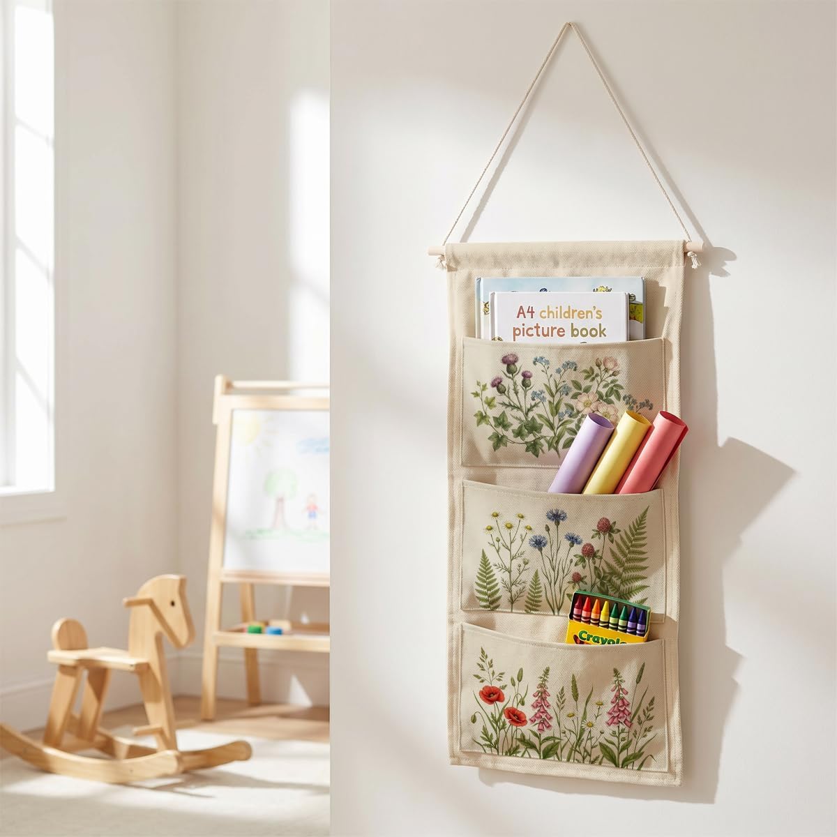Canvas Wall Hanging Organizer with Pockets Fish Extender Hanging Pouch Dark Floral Door Closet Organizers Fabric Storage Pockets Wall Decoration