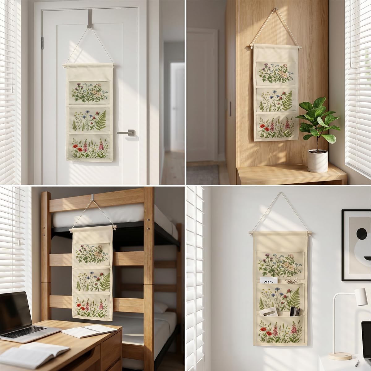 Canvas Wall Hanging Organizer with Pockets Fish Extender Hanging Pouch Dark Floral Door Closet Organizers Fabric Storage Pockets Wall Decoration