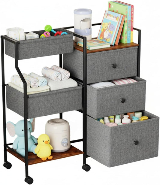 Baby Diaper Caddy Organizer and Storage, 3-Tier Rolling Nursery Cart with Drawers & Dividers, Mobile Utility Storage Cart with Wheels for Baby Essentials, Bedroom, Changing Table, Darkgrey
