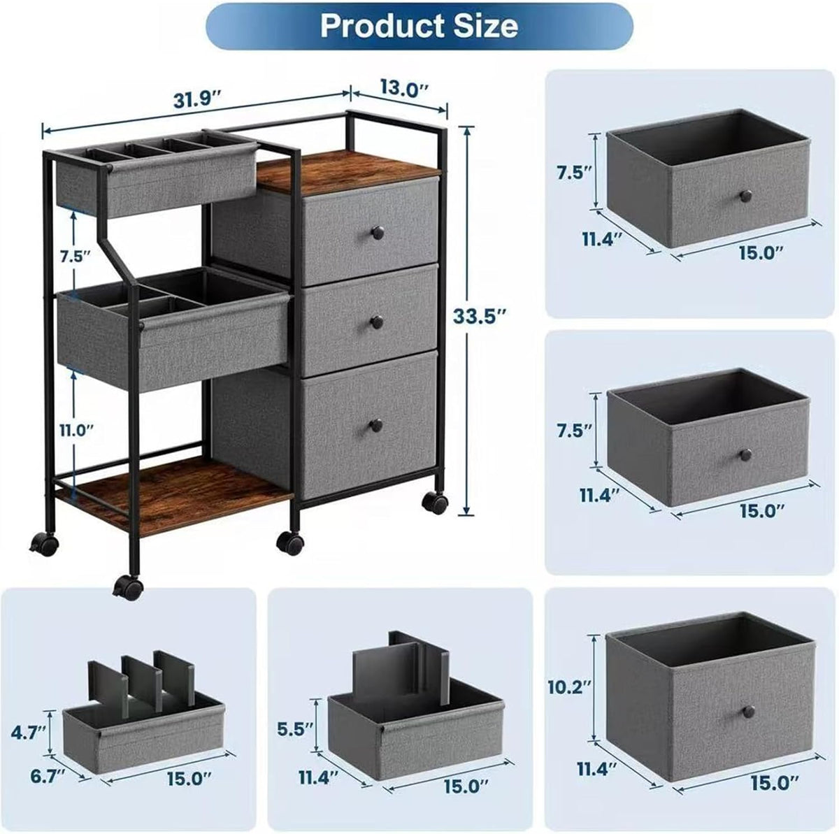 Baby Diaper Caddy Organizer and Storage, 3-Tier Rolling Nursery Cart with Drawers & Dividers, Mobile Utility Storage Cart with Wheels for Baby Essentials, Bedroom, Changing Table, Darkgrey