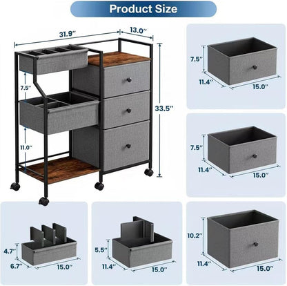 Baby Diaper Caddy Organizer and Storage, 3-Tier Rolling Nursery Cart with Drawers & Dividers, Mobile Utility Storage Cart with Wheels for Baby Essentials, Bedroom, Changing Table, Darkgrey