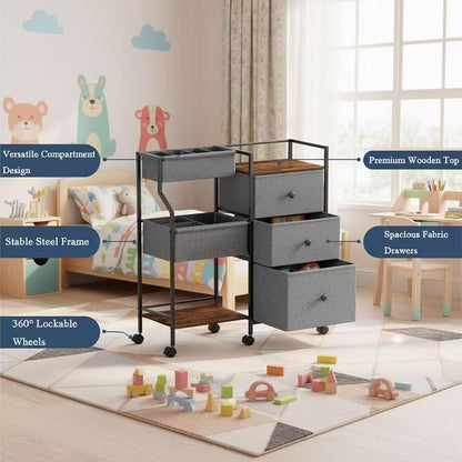Baby Diaper Caddy Organizer and Storage, 3-Tier Rolling Nursery Cart with Drawers & Dividers, Mobile Utility Storage Cart with Wheels for Baby Essentials, Bedroom, Changing Table, Darkgrey