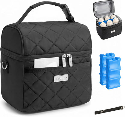 Breastmilk Cooler Bag with 2 Ice Packs, Fits 6 Baby Bottles Up to 10 Ounce, Four Layer Insulated Baby Bottle Bag for Daycare, Breast Milk Cooler with Pocket, Strap & Buckle, Waterproof, Grey