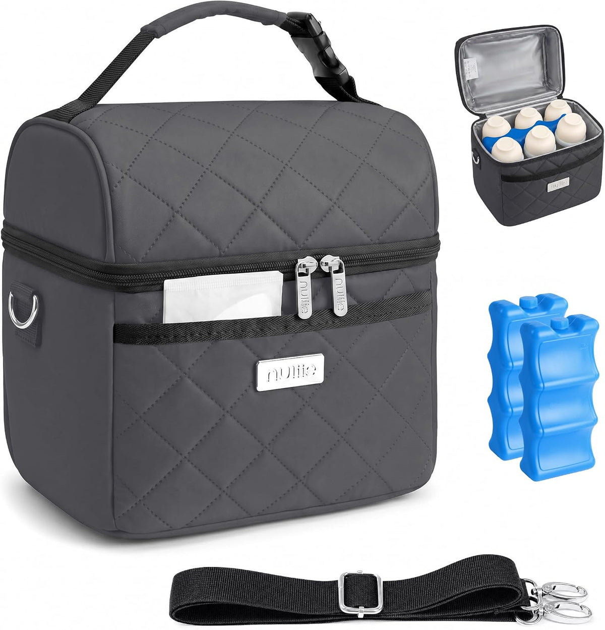 Breastmilk Cooler Bag with 2 Ice Packs, Fits 6 Baby Bottles Up to 10 Ounce, Four Layer Insulated Baby Bottle Bag for Daycare, Breast Milk Cooler with Pocket, Strap & Buckle, Waterproof, Grey