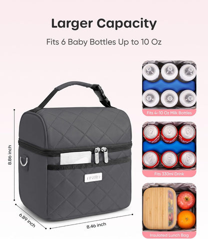 Breastmilk Cooler Bag with 2 Ice Packs, Fits 6 Baby Bottles Up to 10 Ounce, Four Layer Insulated Baby Bottle Bag for Daycare, Breast Milk Cooler with Pocket, Strap & Buckle, Waterproof, Grey