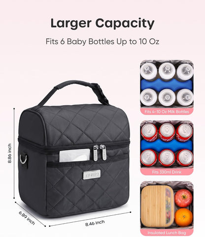 Breastmilk Cooler Bag with 2 Ice Packs, Fits 6 Baby Bottles Up to 10 Ounce, Four Layer Insulated Baby Bottle Bag for Daycare, Breast Milk Cooler with Pocket, Strap & Buckle, Waterproof, Grey