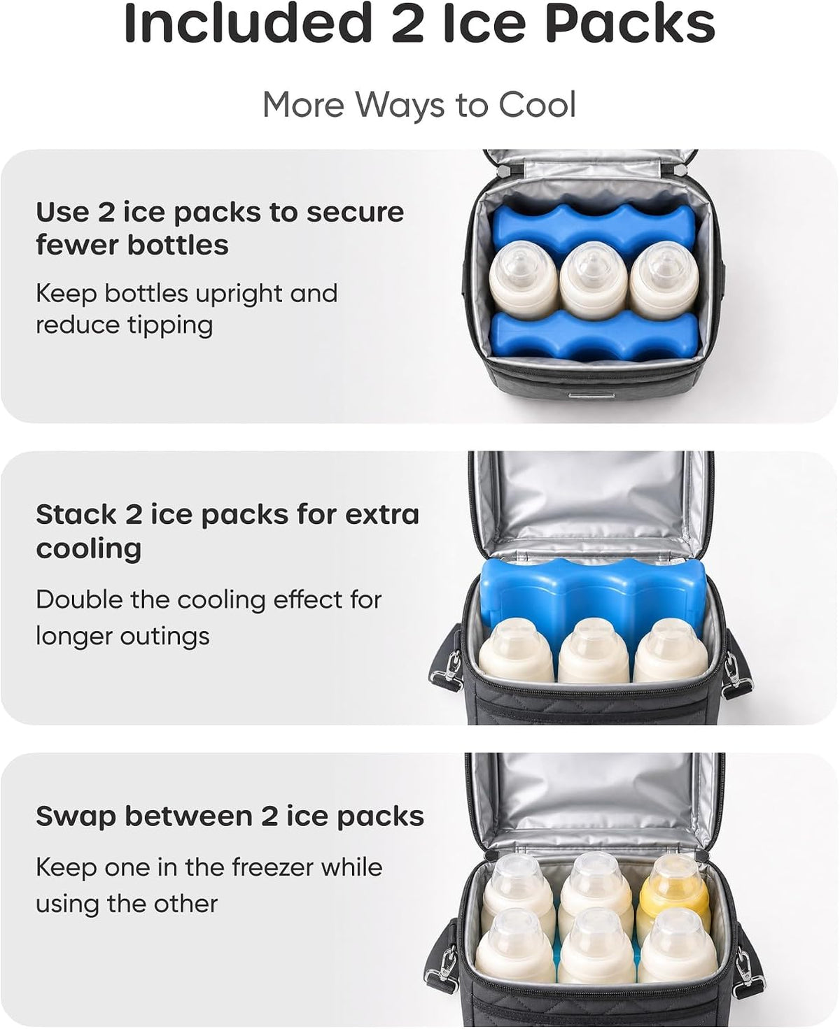 Breastmilk Cooler Bag with 2 Ice Packs, Fits 6 Baby Bottles Up to 10 Ounce, Four Layer Insulated Baby Bottle Bag for Daycare, Breast Milk Cooler with Pocket, Strap & Buckle, Waterproof, Grey