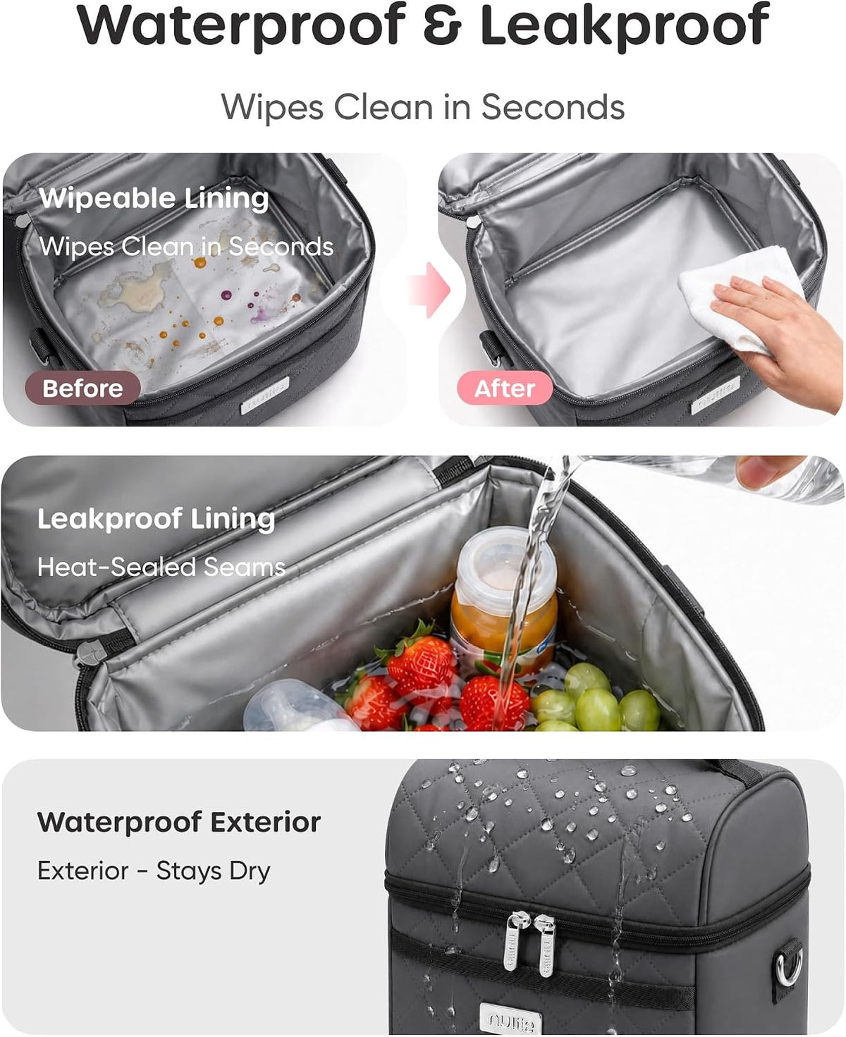 Breastmilk Cooler Bag with 2 Ice Packs, Fits 6 Baby Bottles Up to 10 Ounce, Four Layer Insulated Baby Bottle Bag for Daycare, Breast Milk Cooler with Pocket, Strap & Buckle, Waterproof, Grey