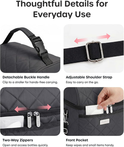Breastmilk Cooler Bag with 2 Ice Packs, Fits 6 Baby Bottles Up to 10 Ounce, Four Layer Insulated Baby Bottle Bag for Daycare, Breast Milk Cooler with Pocket, Strap & Buckle, Waterproof, Grey