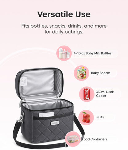 Breastmilk Cooler Bag with 2 Ice Packs, Fits 6 Baby Bottles Up to 10 Ounce, Four Layer Insulated Baby Bottle Bag for Daycare, Breast Milk Cooler with Pocket, Strap & Buckle, Waterproof, Grey