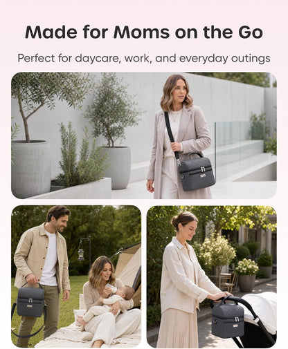 Breastmilk Cooler Bag with 2 Ice Packs, Fits 6 Baby Bottles Up to 10 Ounce, Four Layer Insulated Baby Bottle Bag for Daycare, Breast Milk Cooler with Pocket, Strap & Buckle, Waterproof, Grey