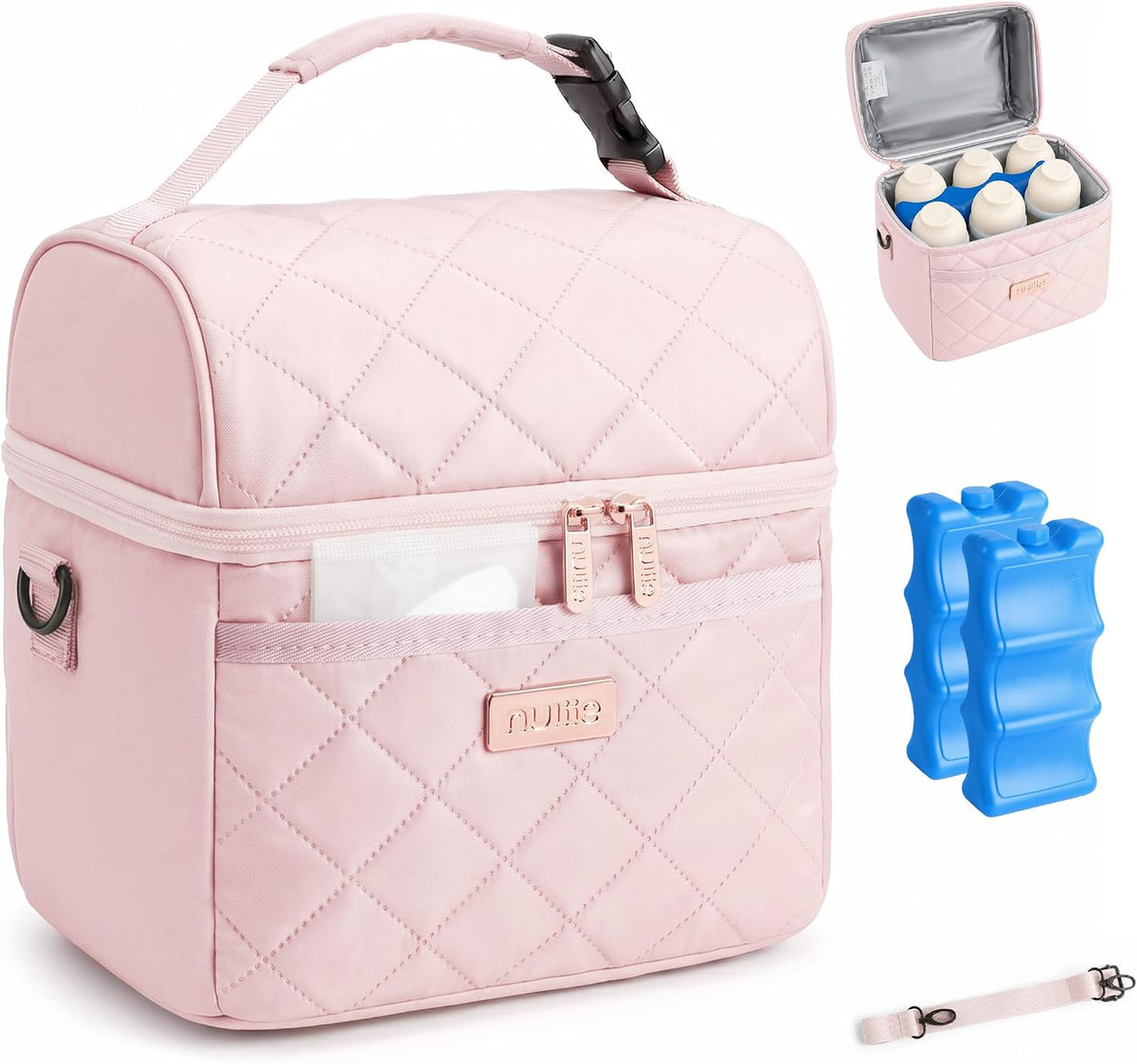 Breastmilk Cooler Bag with 2 Ice Packs, Fits 6 Baby Bottles Up to 10 Ounce, Four Layer Insulated Baby Bottle Bag for Daycare, Breast Milk Cooler with Pocket, Strap & Buckle, Waterproof, Grey