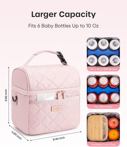 Breastmilk Cooler Bag with 2 Ice Packs, Fits 6 Baby Bottles Up to 10 Ounce, Four Layer Insulated Baby Bottle Bag for Daycare, Breast Milk Cooler with Pocket, Strap & Buckle, Waterproof, Grey