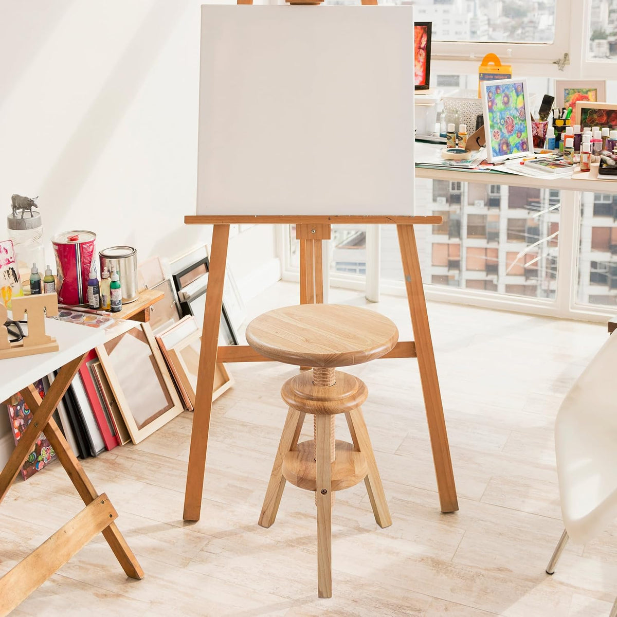 Swivel Solid Wood Adjustable Bar Stool, Natural