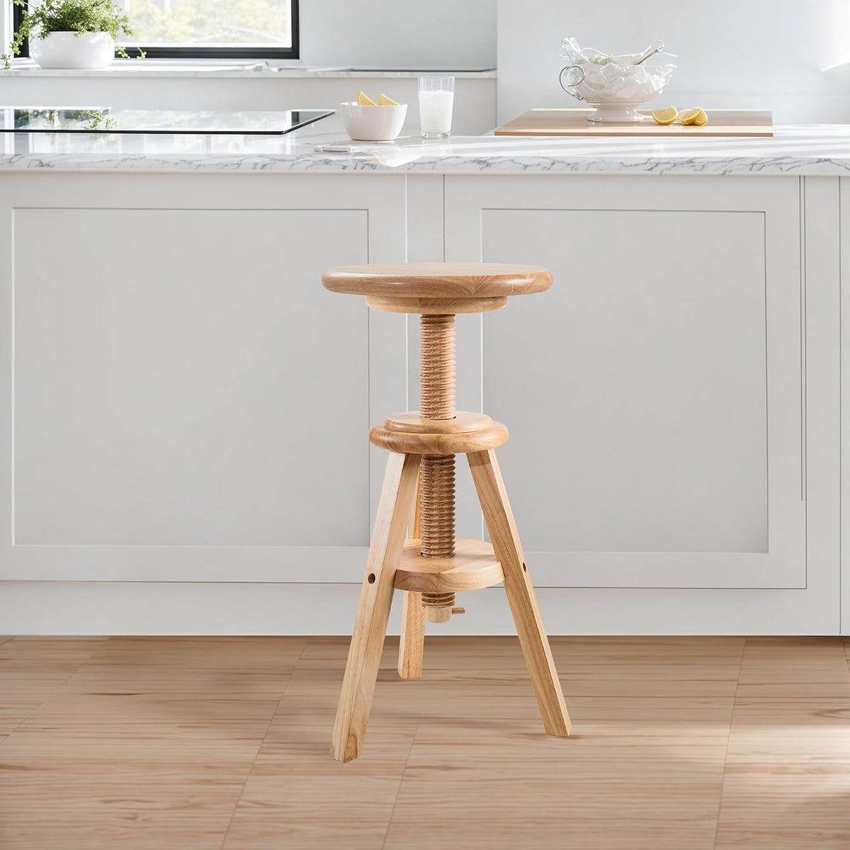 Swivel Solid Wood Adjustable Bar Stool, Natural