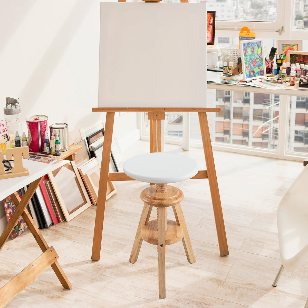 Swivel Solid Wood Adjustable Bar Stool, Natural
