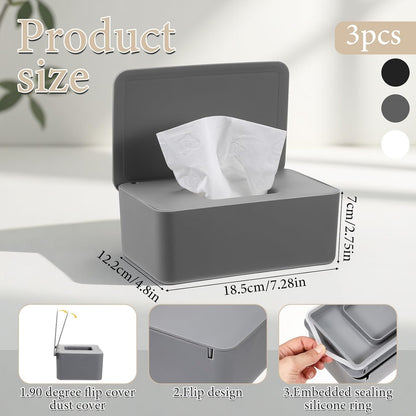 3 Pcs Wipes Dispenser, Refillable Wet Wipe Container with Lid 7.28 x 4.80 x 2.75 Inch Reusable Wipe Dispenser Holder for Bathroom, Kitchen, Bedroom, Living Room, Office, Car (Black, White, Gray)