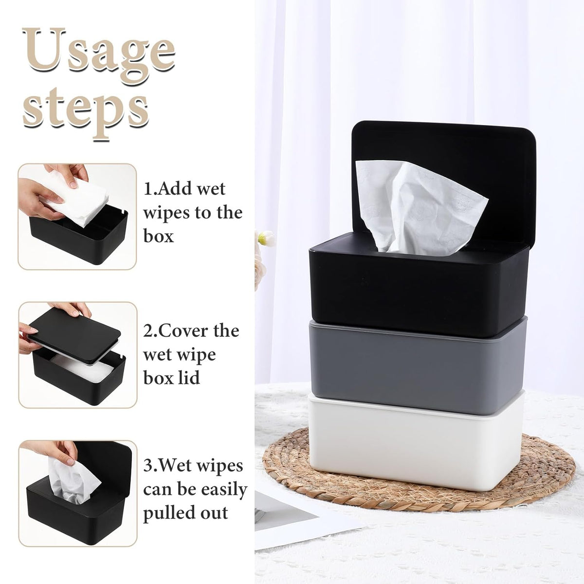 3 Pcs Wipes Dispenser, Refillable Wet Wipe Container with Lid 7.28 x 4.80 x 2.75 Inch Reusable Wipe Dispenser Holder for Bathroom, Kitchen, Bedroom, Living Room, Office, Car (Black, White, Gray)