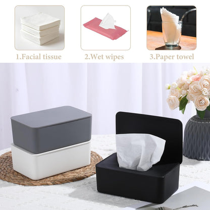 3 Pcs Wipes Dispenser, Refillable Wet Wipe Container with Lid 7.28 x 4.80 x 2.75 Inch Reusable Wipe Dispenser Holder for Bathroom, Kitchen, Bedroom, Living Room, Office, Car (Black, White, Gray)