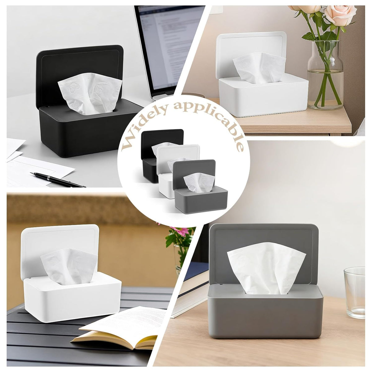 3 Pcs Wipes Dispenser, Refillable Wet Wipe Container with Lid 7.28 x 4.80 x 2.75 Inch Reusable Wipe Dispenser Holder for Bathroom, Kitchen, Bedroom, Living Room, Office, Car (Black, White, Gray)