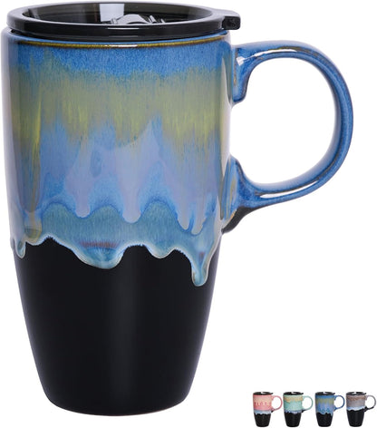 Ceramic Travel Coffeel Mug with Handle and Lid, 18 oz, Portable Coffee Cup for Car Cup Holder, Microwave and Dishwasher Safe, Reactive Glaze (Grey)