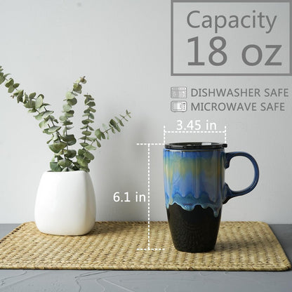Ceramic Travel Coffeel Mug with Handle and Lid, 18 oz, Portable Coffee Cup for Car Cup Holder, Microwave and Dishwasher Safe, Reactive Glaze (Grey)