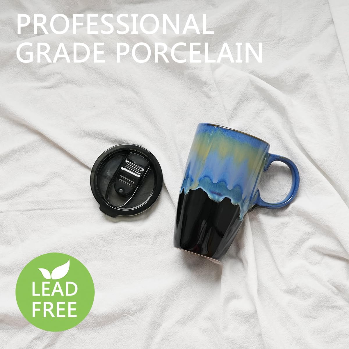 Ceramic Travel Coffeel Mug with Handle and Lid, 18 oz, Portable Coffee Cup for Car Cup Holder, Microwave and Dishwasher Safe, Reactive Glaze (Grey)