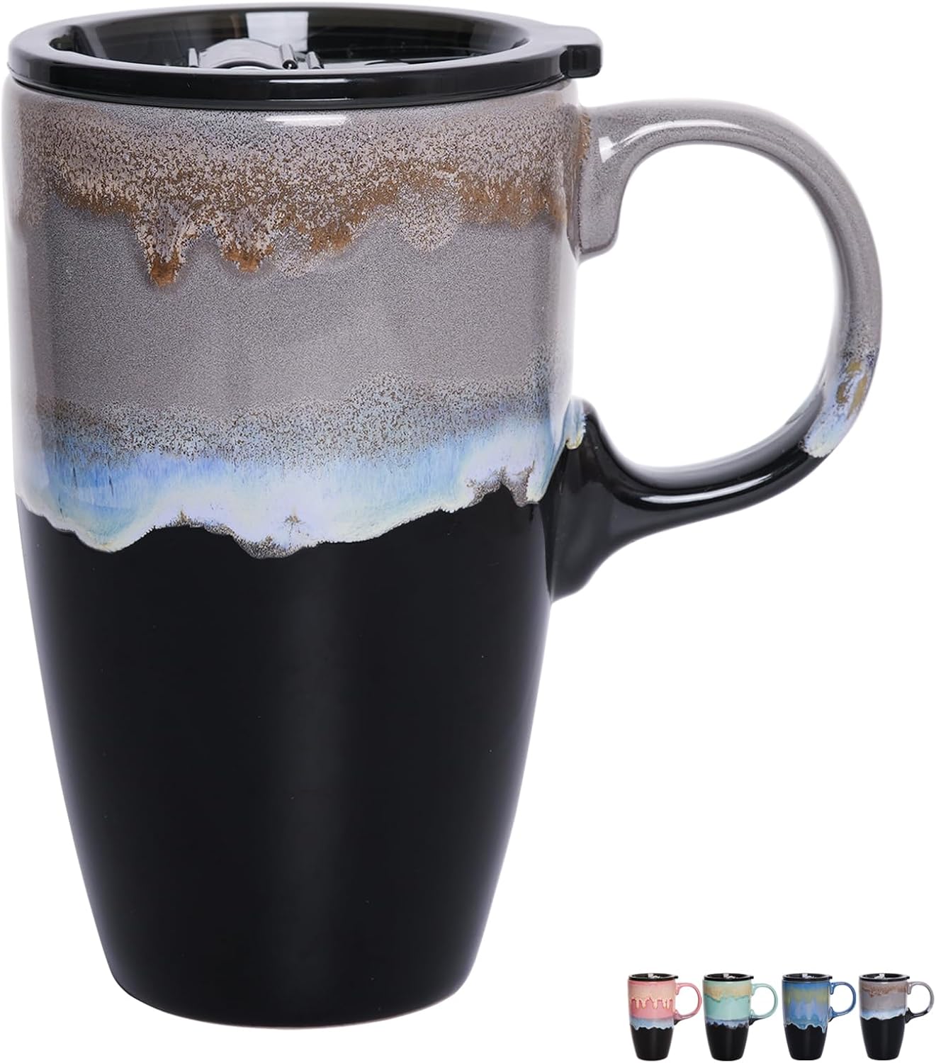 Ceramic Travel Coffeel Mug with Handle and Lid, 18 oz, Portable Coffee Cup for Car Cup Holder, Microwave and Dishwasher Safe, Reactive Glaze (Grey)