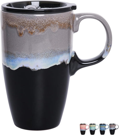 Ceramic Travel Coffeel Mug with Handle and Lid, 18 oz, Portable Coffee Cup for Car Cup Holder, Microwave and Dishwasher Safe, Reactive Glaze (Grey)