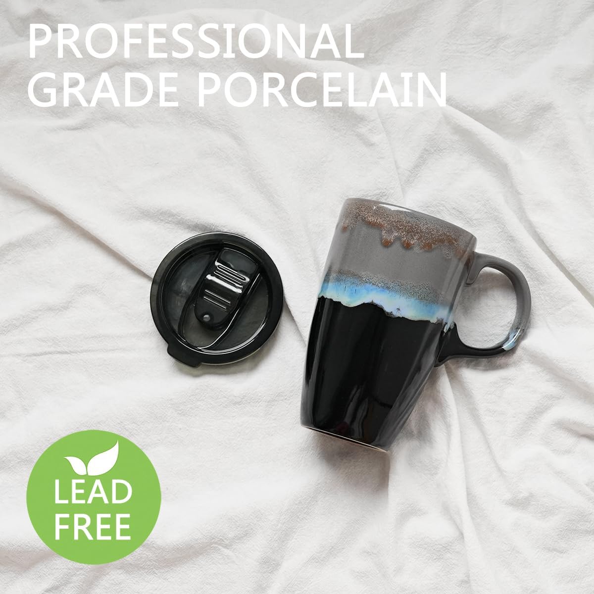 Ceramic Travel Coffeel Mug with Handle and Lid, 18 oz, Portable Coffee Cup for Car Cup Holder, Microwave and Dishwasher Safe, Reactive Glaze (Grey)