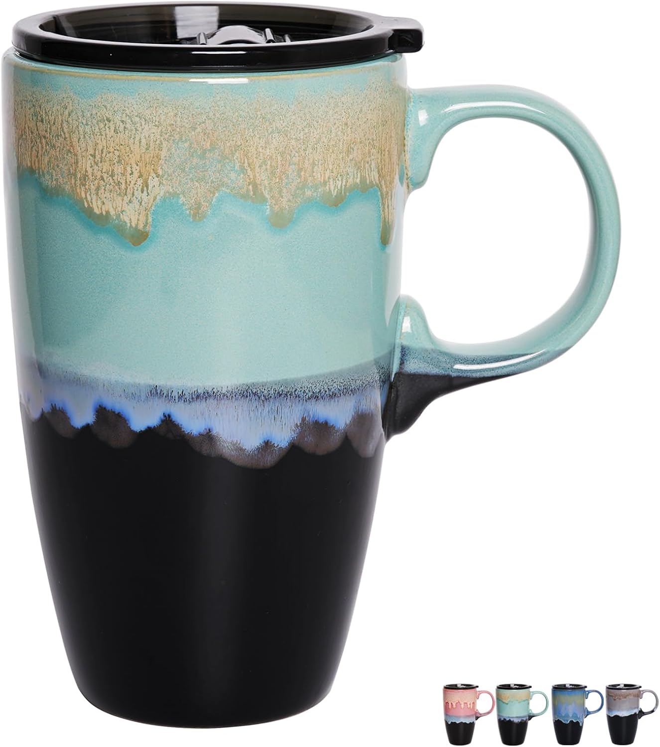 Ceramic Travel Coffeel Mug with Handle and Lid, 18 oz, Portable Coffee Cup for Car Cup Holder, Microwave and Dishwasher Safe, Reactive Glaze (Grey)