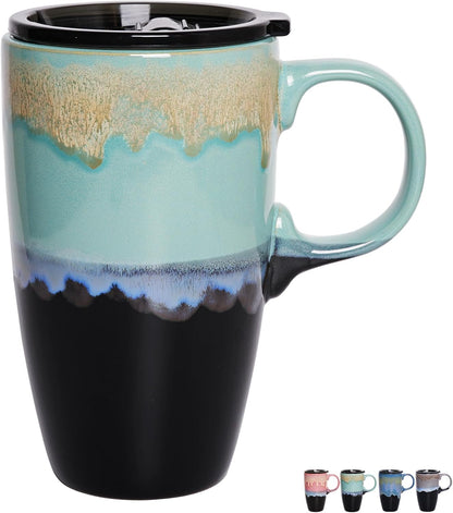 Ceramic Travel Coffeel Mug with Handle and Lid, 18 oz, Portable Coffee Cup for Car Cup Holder, Microwave and Dishwasher Safe, Reactive Glaze (Grey)