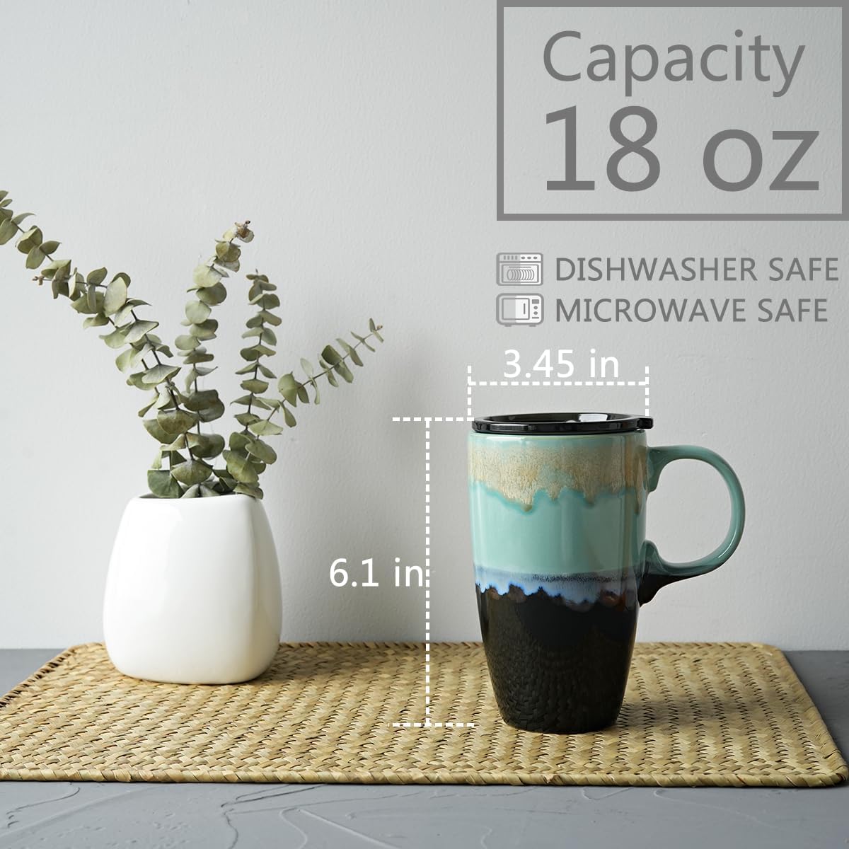 Ceramic Travel Coffeel Mug with Handle and Lid, 18 oz, Portable Coffee Cup for Car Cup Holder, Microwave and Dishwasher Safe, Reactive Glaze (Grey)