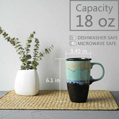 Ceramic Travel Coffeel Mug with Handle and Lid, 18 oz, Portable Coffee Cup for Car Cup Holder, Microwave and Dishwasher Safe, Reactive Glaze (Grey)