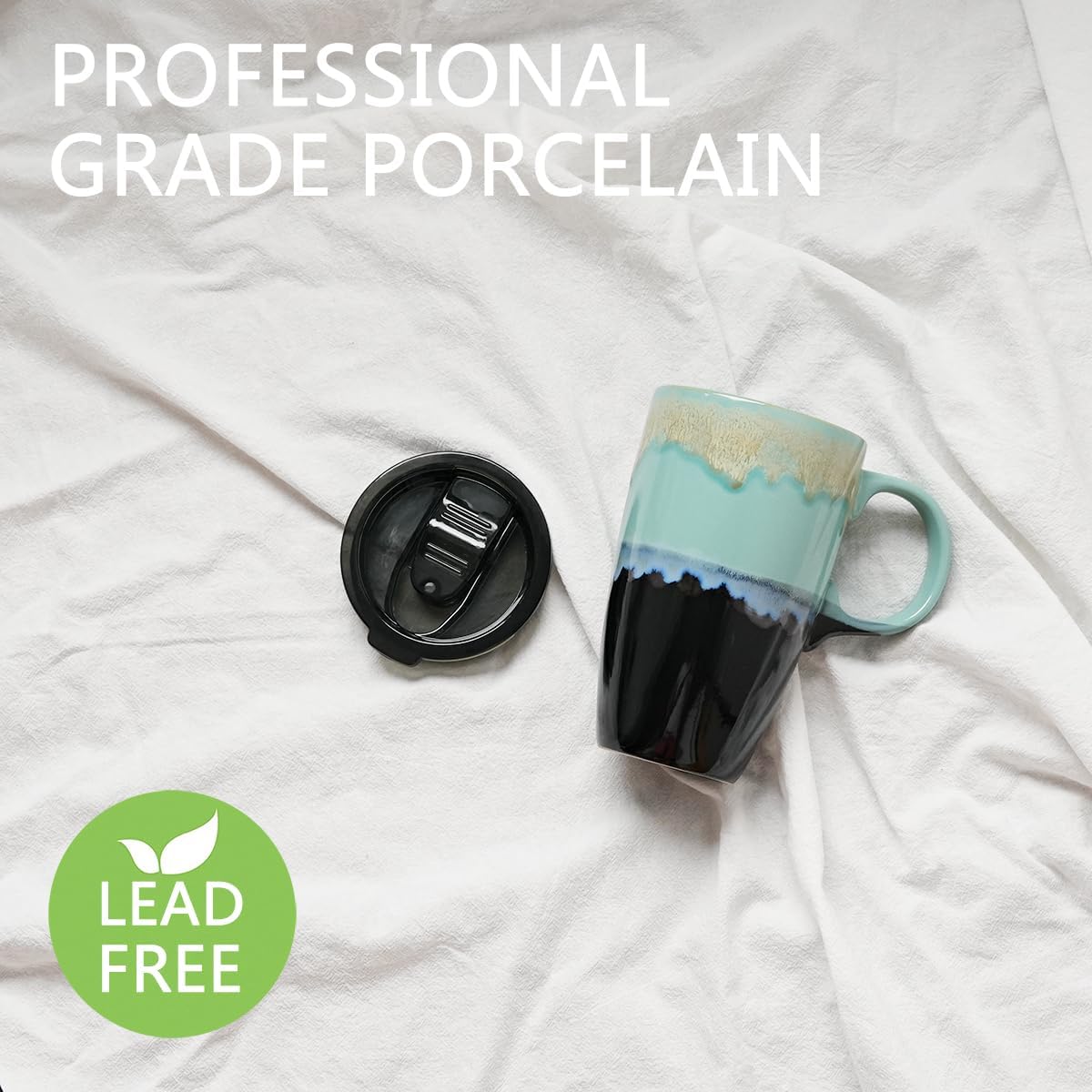 Ceramic Travel Coffeel Mug with Handle and Lid, 18 oz, Portable Coffee Cup for Car Cup Holder, Microwave and Dishwasher Safe, Reactive Glaze (Grey)