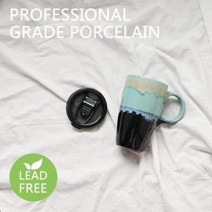 Ceramic Travel Coffeel Mug with Handle and Lid, 18 oz, Portable Coffee Cup for Car Cup Holder, Microwave and Dishwasher Safe, Reactive Glaze (Grey)
