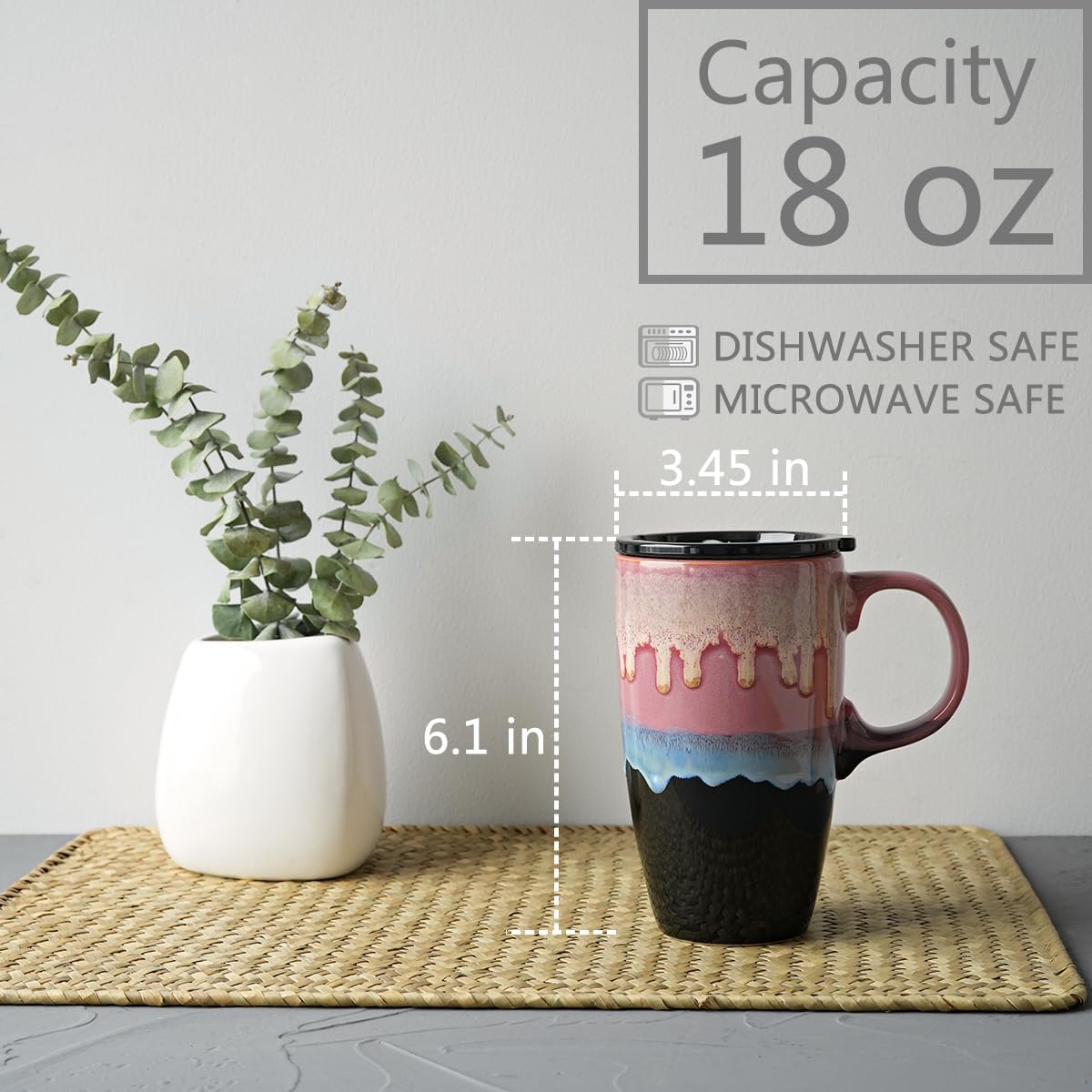 Ceramic Travel Coffeel Mug with Handle and Lid, 18 oz, Portable Coffee Cup for Car Cup Holder, Microwave and Dishwasher Safe, Reactive Glaze (Grey)