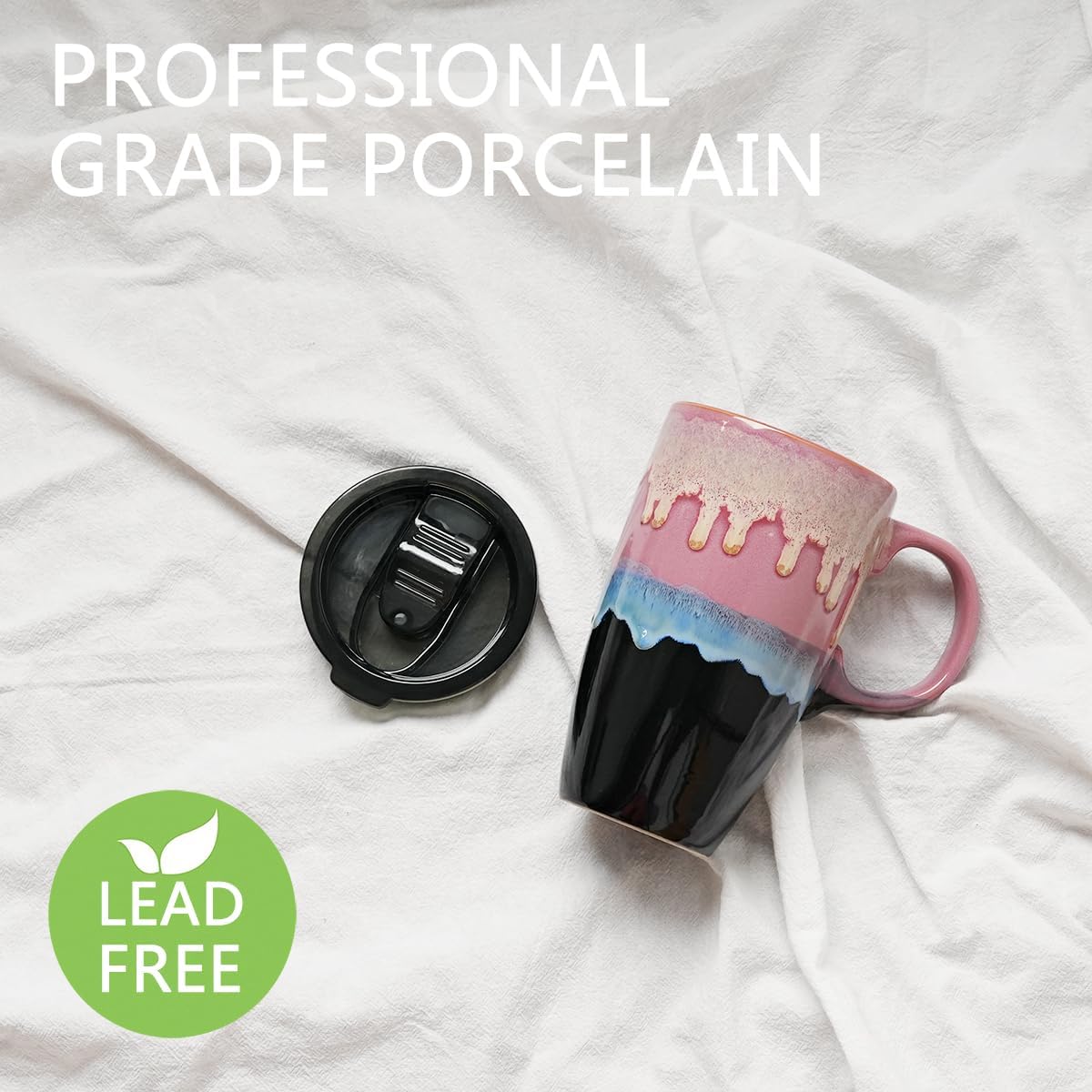 Ceramic Travel Coffeel Mug with Handle and Lid, 18 oz, Portable Coffee Cup for Car Cup Holder, Microwave and Dishwasher Safe, Reactive Glaze (Grey)