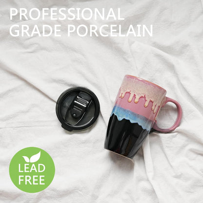 Ceramic Travel Coffeel Mug with Handle and Lid, 18 oz, Portable Coffee Cup for Car Cup Holder, Microwave and Dishwasher Safe, Reactive Glaze (Grey)