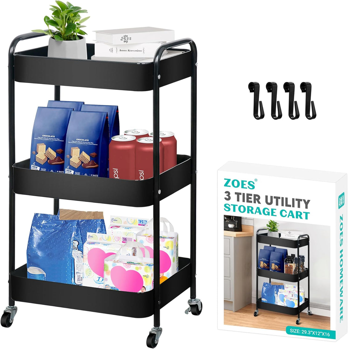3 Tier Metal Rolling Cart on Wheels,Heavy Duty Utility Cart
