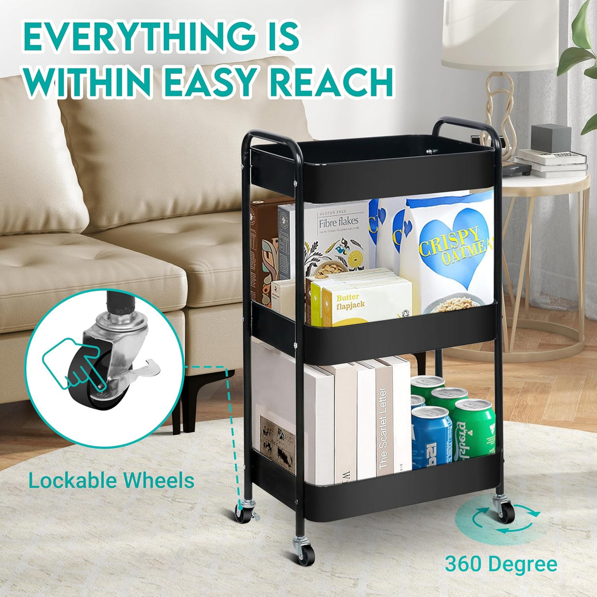 3 Tier Metal Rolling Cart on Wheels,Heavy Duty Utility Cart