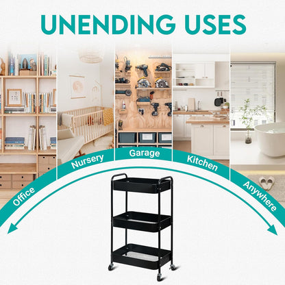 3 Tier Metal Rolling Cart on Wheels,Heavy Duty Utility Cart
